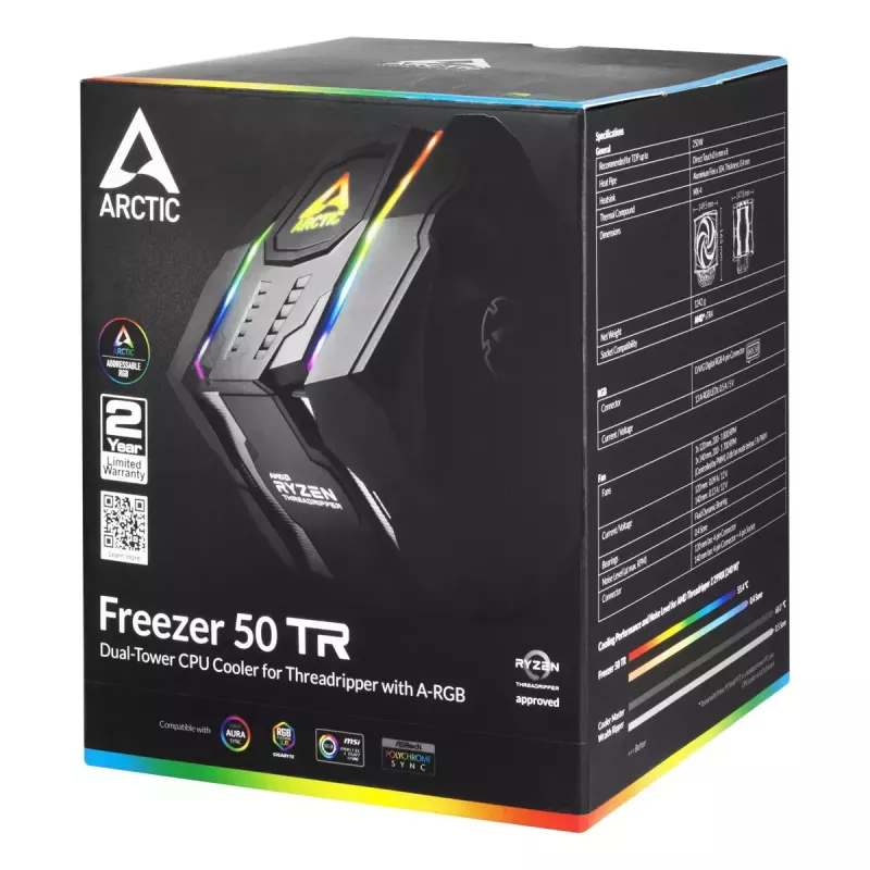 ARCTIC Freezer 50 TR - dviejų bokštų procesoriaus aušintuvas, skirtas AMD Ryzen Threadripper, su A-RGB