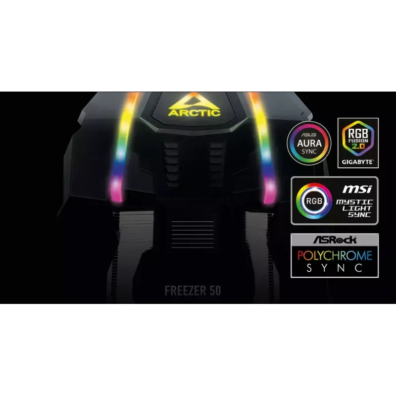 ARCTIC Freezer 50 su A-RGB valdikliu – kelių lizdų suderinamas dviejų bokštų procesoriaus aušintuvas su A-RGB