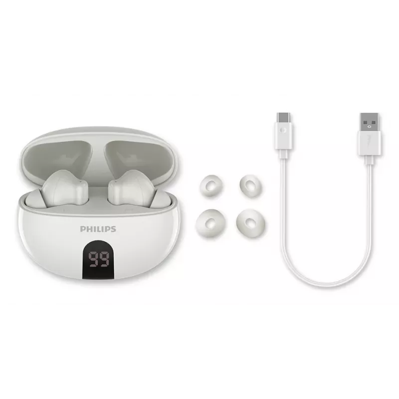 Belaidės į ausis dedamos ausinės Philips TAT2520WT/00 — „Bluetooth“, skambučiams ir muzikai, 20–20000 Hz, 10 m atstumas, baltos, 40 g