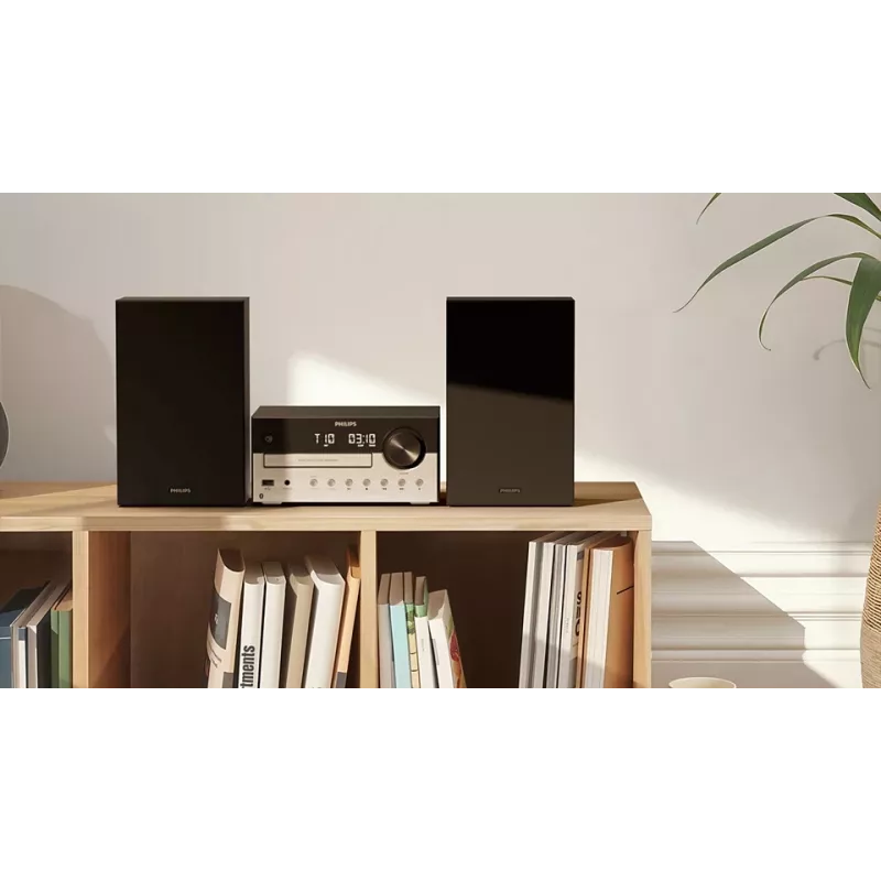 Namų garso mikrosistema Philips TAM4205M2/12 — 80 W RMS, 2 krypčių garsiakalbiai, Bluetooth, FM, LED ekranas, diskų įdėjimo dėklas (juoda/sidabrinė)