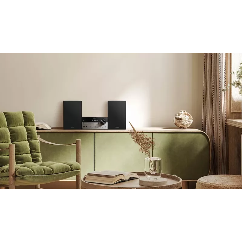 Namų garso mikrosistema Philips TAM4205M2/12 — 80 W RMS, 2 krypčių garsiakalbiai, Bluetooth, FM, LED ekranas, diskų įdėjimo dėklas (juoda/sidabrinė)