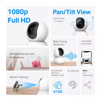 TP-Link Tapo Pan/Tilt namų apsaugos Wi-Fi kamera, IP apsaugos kamera, vidaus, belaidė, 2400 MHz, stalinė, juoda, balta