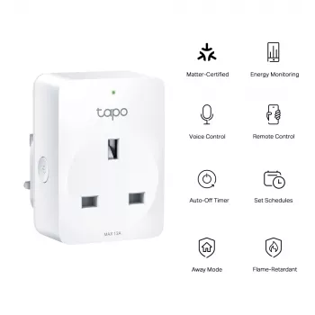 Išmanusis kištukas TP‑Link Tapo Mini P110M — „Wi‑Fi“ / „Bluetooth“ vidinis išmanusis lizdas, 16 A, 100–240 V, 3680 W, baltas