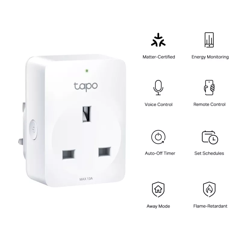 Išmanusis kištukas TP‑Link Tapo Mini P110M — „Wi‑Fi“ / „Bluetooth“ vidinis išmanusis lizdas, 16 A, 100–240 V, 3680 W, baltas