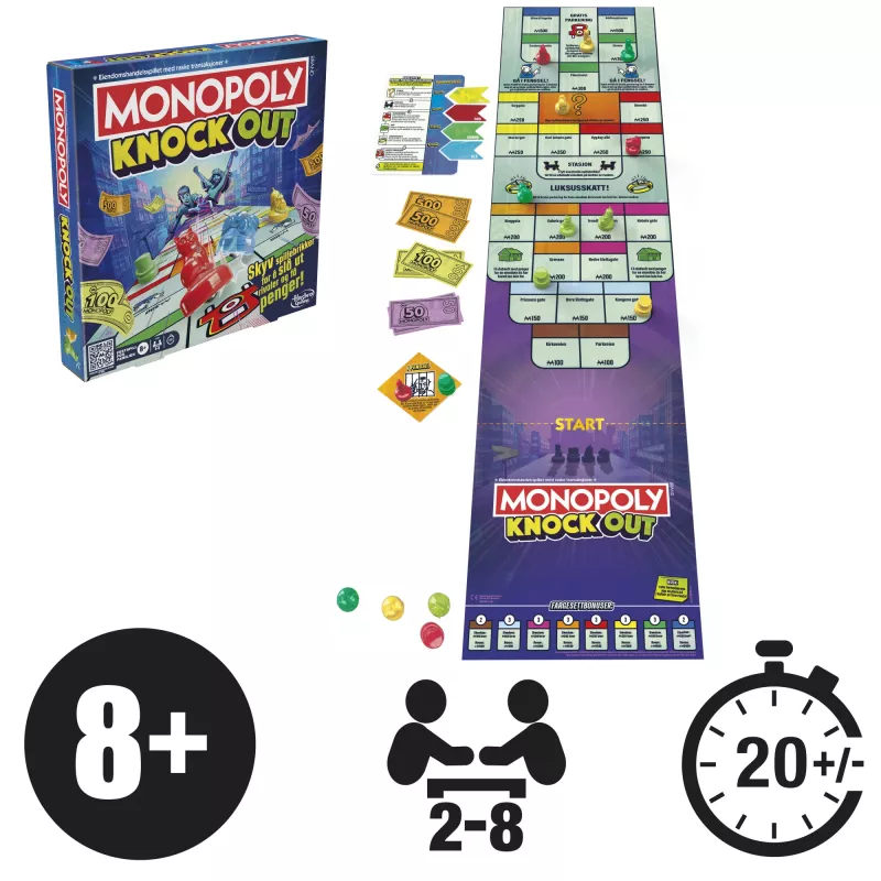 Monopoly Knockout šeimos vakarėlių žaidimas, greitai žaidžiami stalo žaidimai, amžius 8+, 2–8 žaidėjai, 20 min.