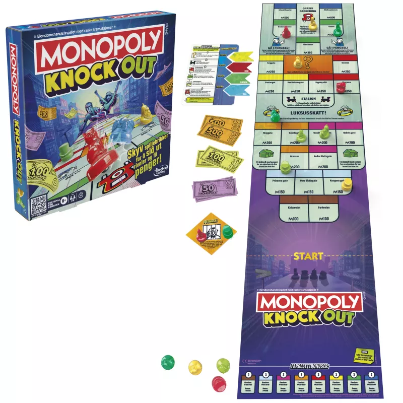 Monopoly Knockout šeimos vakarėlių žaidimas, greitai žaidžiami stalo žaidimai, amžius 8+, 2–8 žaidėjai, 20 min.