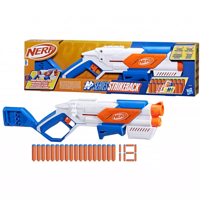 Žaislinis blasteris Nerf N Series Strikeback mėlynas oranžinis baltas 8+