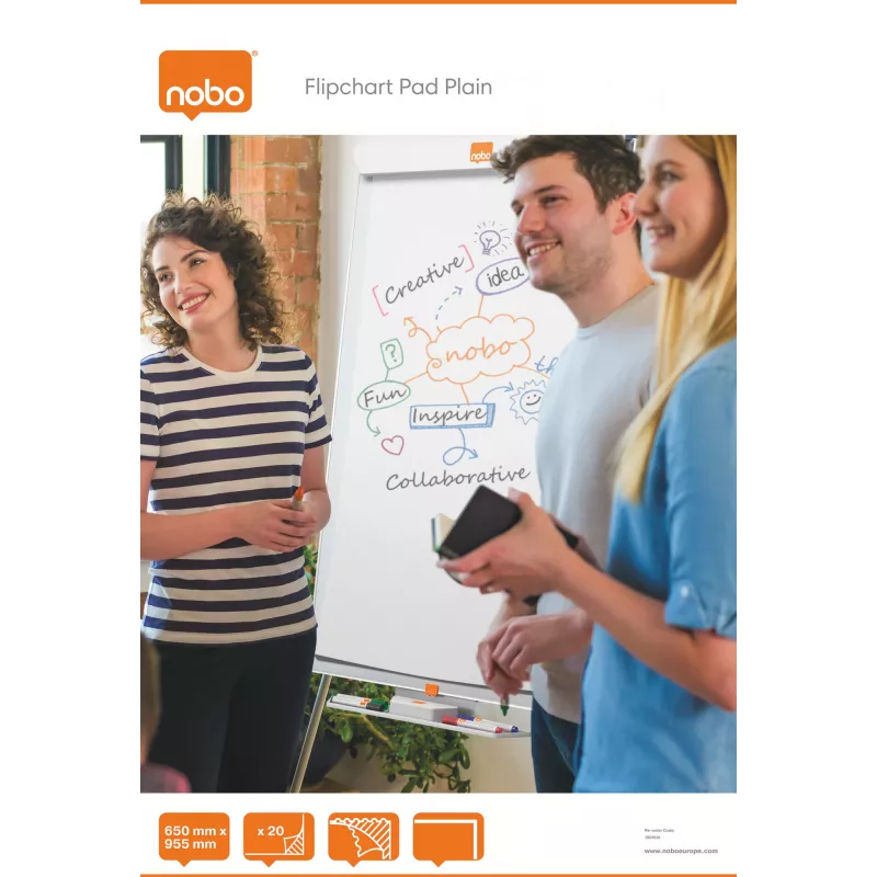 Nobo Flipchart Pad Plain 650x955mm 20 Sheets, 671 mm, 965 mm, 675 mm, 965 mm, 2 mm