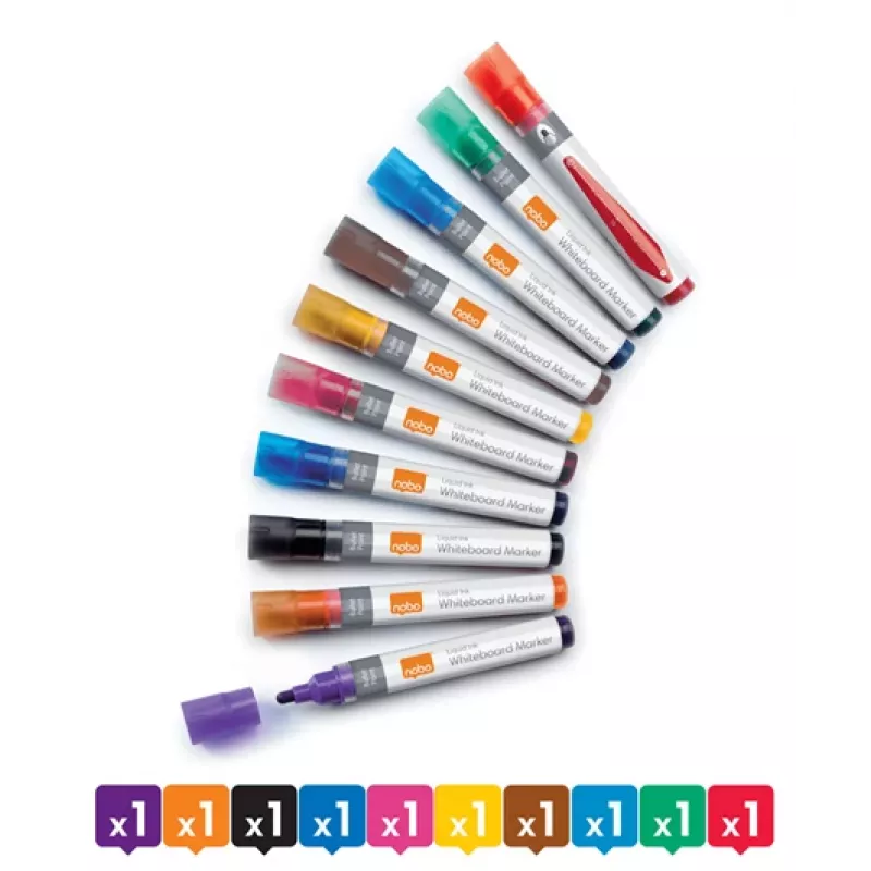 Nobo Liquid Ink Whiteboard Pens Bullet Tip 10 Pack, 10 vnt., Daugiaspalvės, Teptuko tipo antgalis, Įvairių spalvų, 3 mm, 38 mm