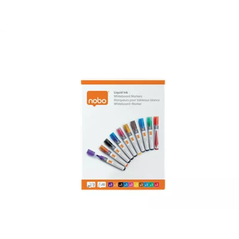 Nobo Liquid Ink Whiteboard Pens Bullet Tip 10 Pack, 10 vnt., Daugiaspalvės, Teptuko tipo antgalis, Įvairių spalvų, 3 mm, 38 mm