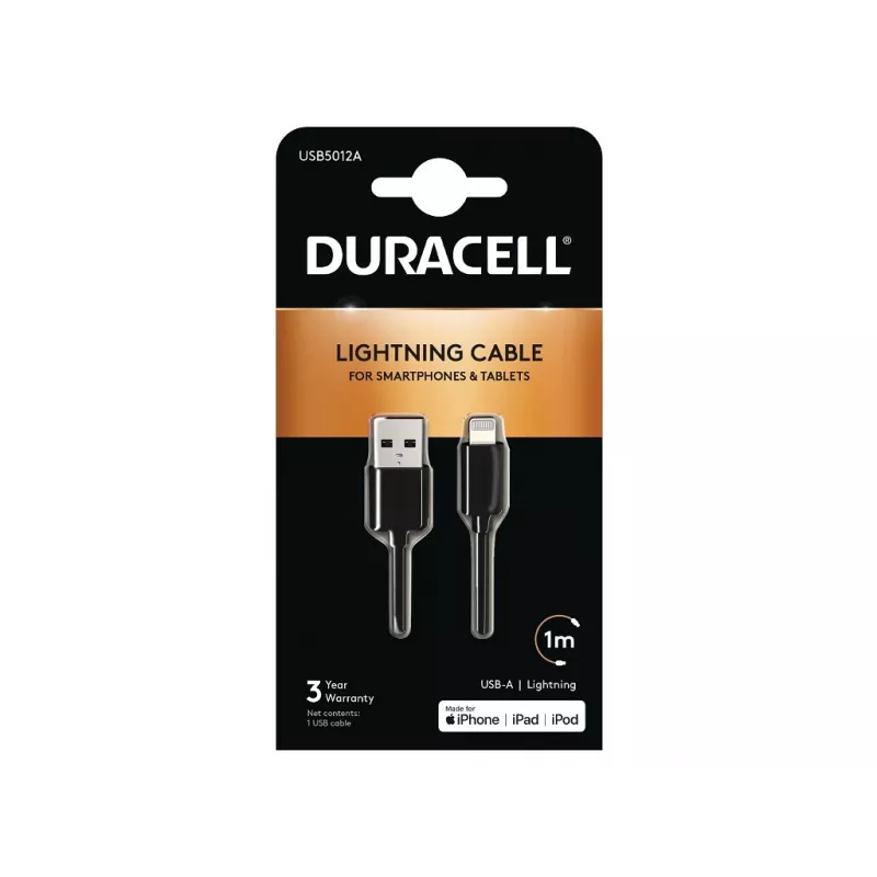 Duracell sinchronizavimo/įkrovimo laidas 1 m juodas, 1 m, USB, Lightning, juoda