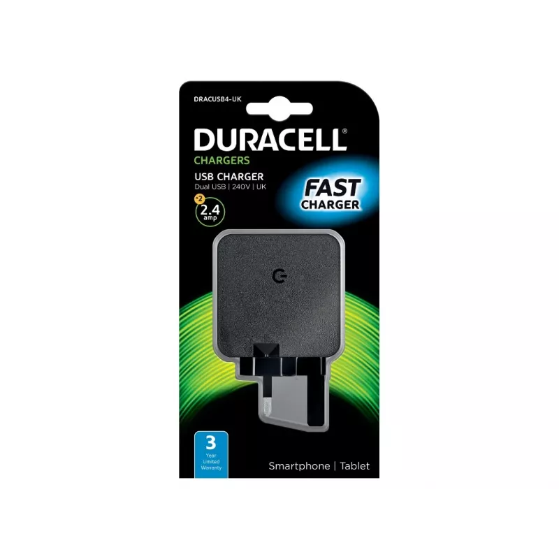 “Duracell” 2x2,4 A USB telefono / planšetės įkroviklis, skirtas naudoti patalpose, kintamoji srovė, 5 V, juodas