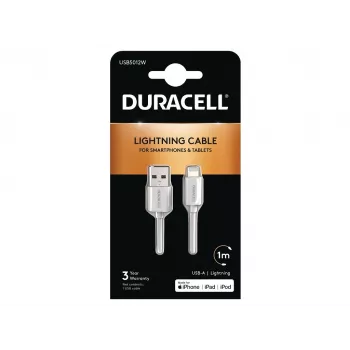 Duracell sinchronizavimo / įkrovimo laidas, 1 m, baltas, 1 m, USB A, Lightning, 2.0, balta