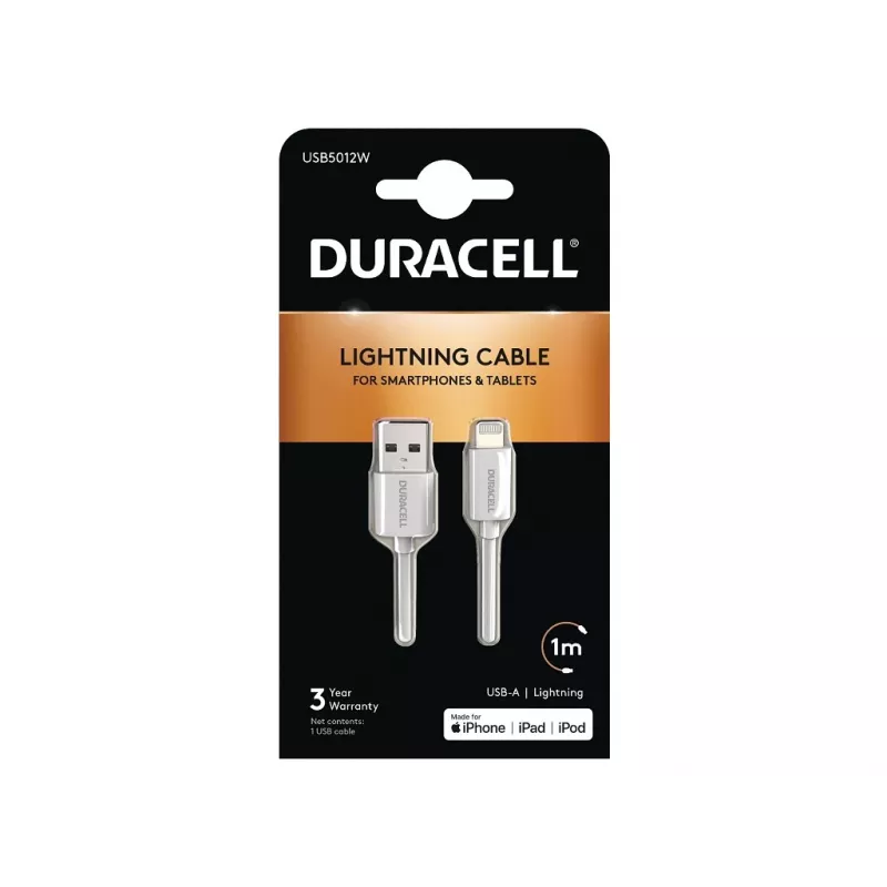 Duracell sinchronizavimo / įkrovimo laidas, 1 m, baltas, 1 m, USB A, Lightning, 2.0, balta