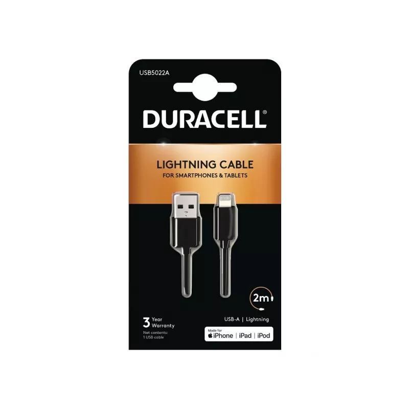 Duracell Sync/Charge Cable 2 Metre Juoda, 2 m, USB A, Lightning, 2.0, Juoda