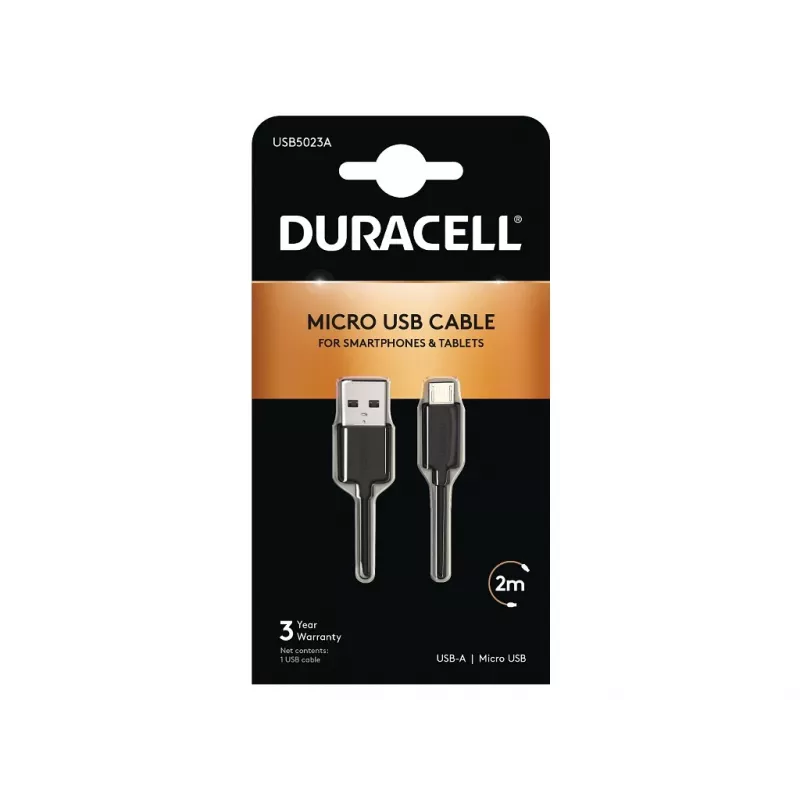 „Duracell“ sinchronizavimo / įkrovimo laidas, 2 metrų, juodas, 2 m, USB A, Micro-USB A, 2.0, juoda