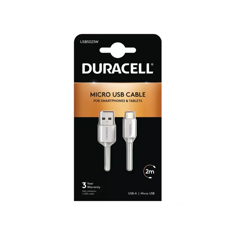 „Duracell“ sinchronizavimo / įkrovimo laidas 2 metrų baltas, 2 m, USB A, Micro-USB A, 2.0, baltas