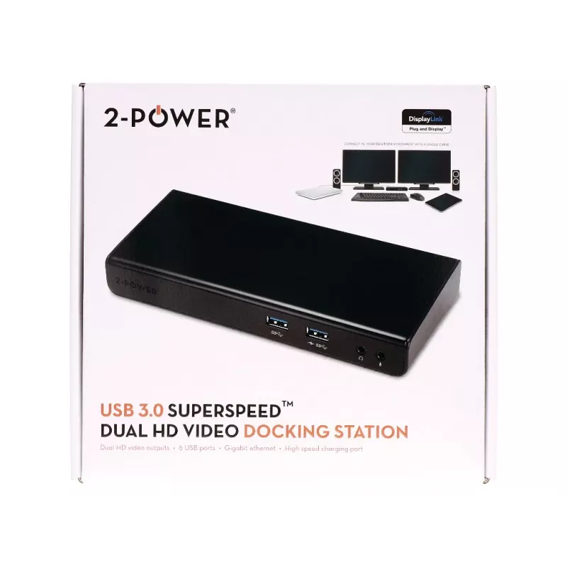 2-Power USB 3.0 Dual Display dokinimo stotelė, dokinimo, 3,5 mm, USB A tipo, USB B tipo, 10,100,1000 Mbit/s, juoda, 5 Gbit/s