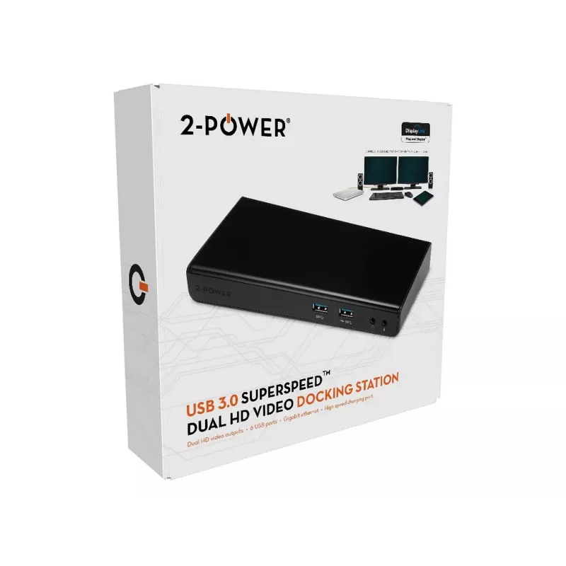 2-Power USB 3.0 Dual Display dokinimo stotelė, dokinimo, 3,5 mm, USB A tipo, USB B tipo, 10,100,1000 Mbit/s, juoda, 5 Gbit/s