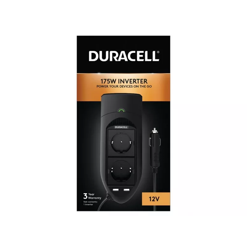 Duracell 175W dvigubas EU lizdas inverteris, universalus, vidaus, 12 V, 175 W, 12 V, DC1–DC2