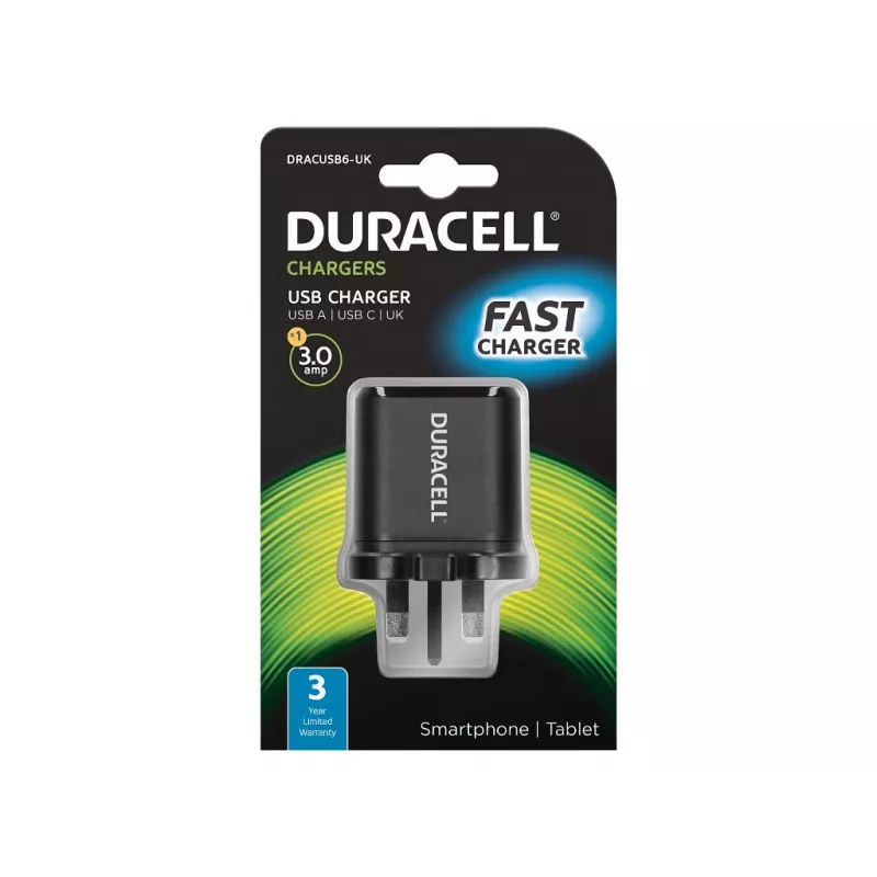 Duracell Type-C ir Type-A kintamosios srovės įkroviklis, patalpų, kintamoji srovė, juodas