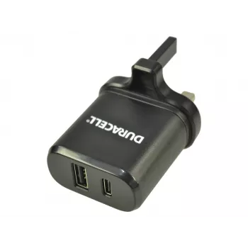 Duracell Type-C ir Type-A kintamosios srovės įkroviklis, patalpų, kintamoji srovė, juodas