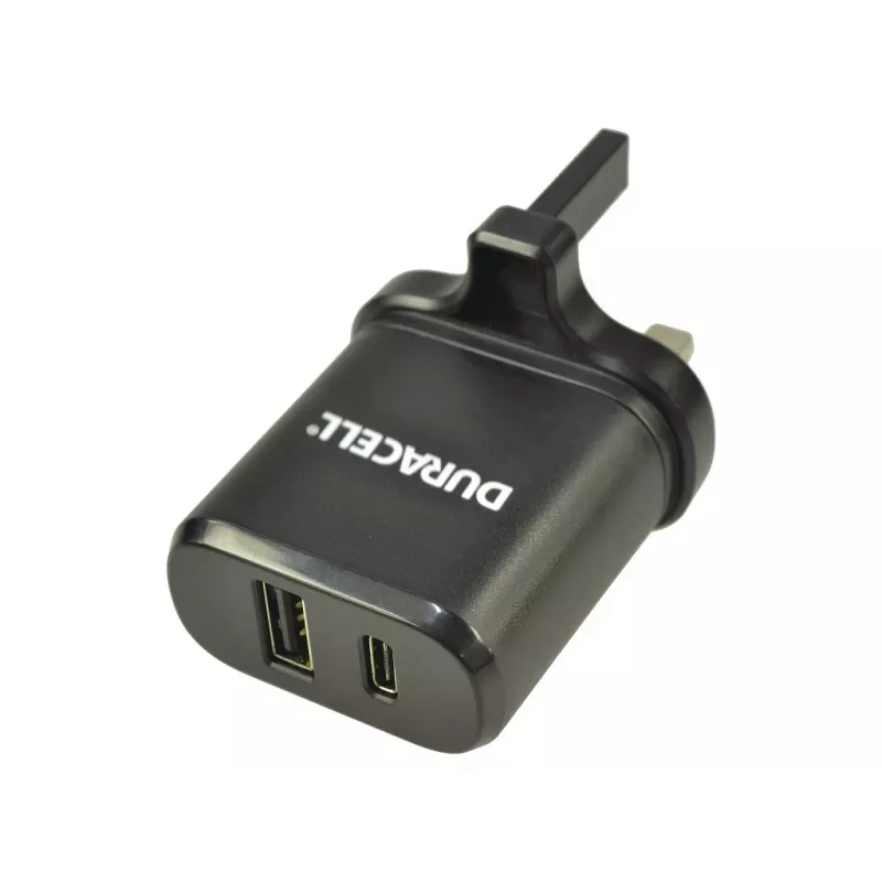 Duracell Type-C ir Type-A kintamosios srovės įkroviklis, patalpų, kintamoji srovė, juodas