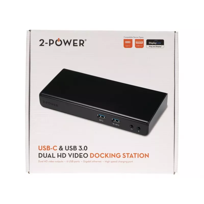 2-Power DOC0110A nešiojamojo kompiuterio dokas / prievadų daugintuvas, laidinis, USB 3.2 Gen 1 (3.1 Gen 1) Type-B, juodas