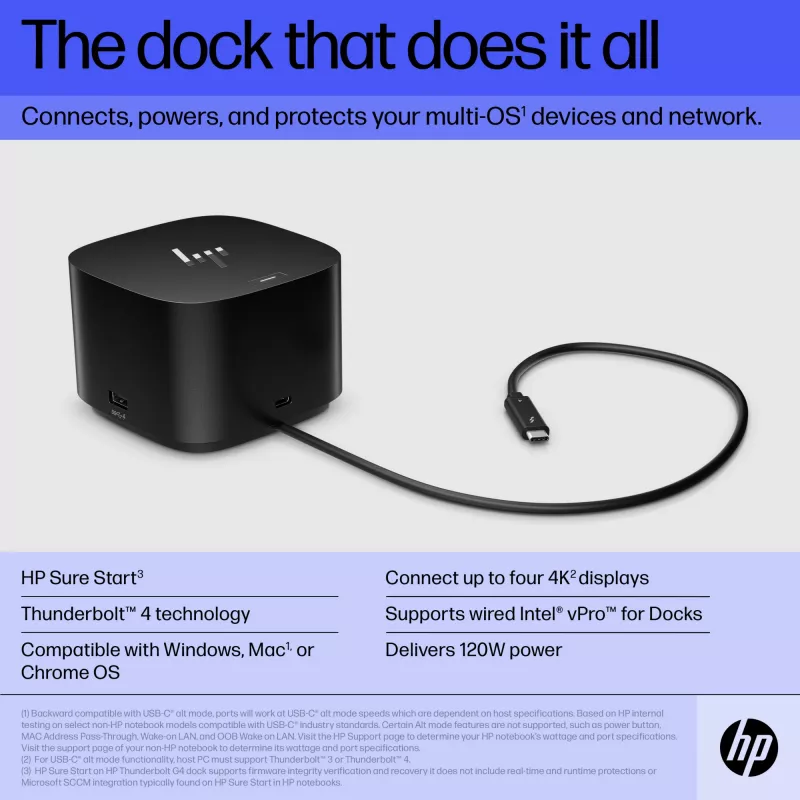 HP Thunderbolt Dock 120W G4, laidinis, Thunderbolt 4, juodas, Kensington, Kinija, Tailandas, Taivanas, verslo