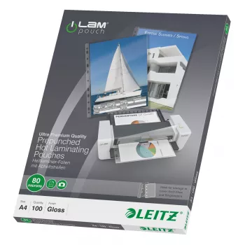 Leitz iLAM Pre-punched A4 Laminating Pouches, 80 mikronų, pakuotėje 100 vnt.