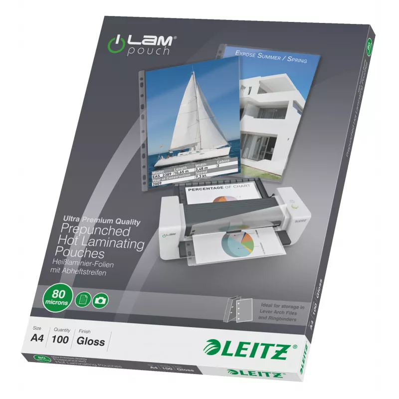 Leitz iLAM Pre-punched A4 Laminating Pouches, 80 mikronų, pakuotėje 100 vnt.