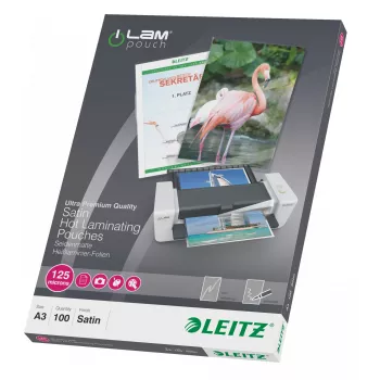 Leitz iLAM Matinio paviršiaus A3 laminavimo plėvelės, 125 mikronų, 100 vnt. pakuotė