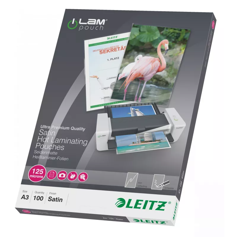 Leitz iLAM Matinio paviršiaus A3 laminavimo plėvelės, 125 mikronų, 100 vnt. pakuotė