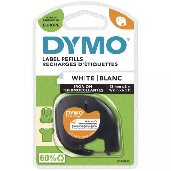 DYMO LetraTag lyginami audinio lipdukai | Originaliūs | 12 mm x 2 m rulonas | Juoda spauda ant balto | Lyginami drabužių lipdukai, idealiai tinkantys uniformoms/vaikiškiems drabužiams | skirti LetraTag spausdintuvams