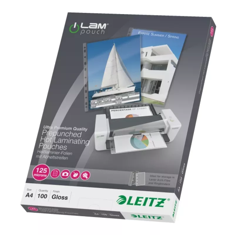 Leitz iLAM iš anksto perforuotos A4 laminavimo plėvelės, 125 mikronai, pakuotėje 100 vnt.