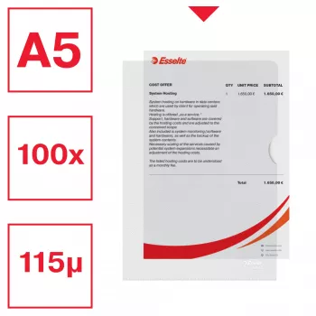 Esselte Premium A5 aplankas, Projektų aplankas, A5, Polipropilenas (PP), Skaidrus, Vertikalus, 40 lapų