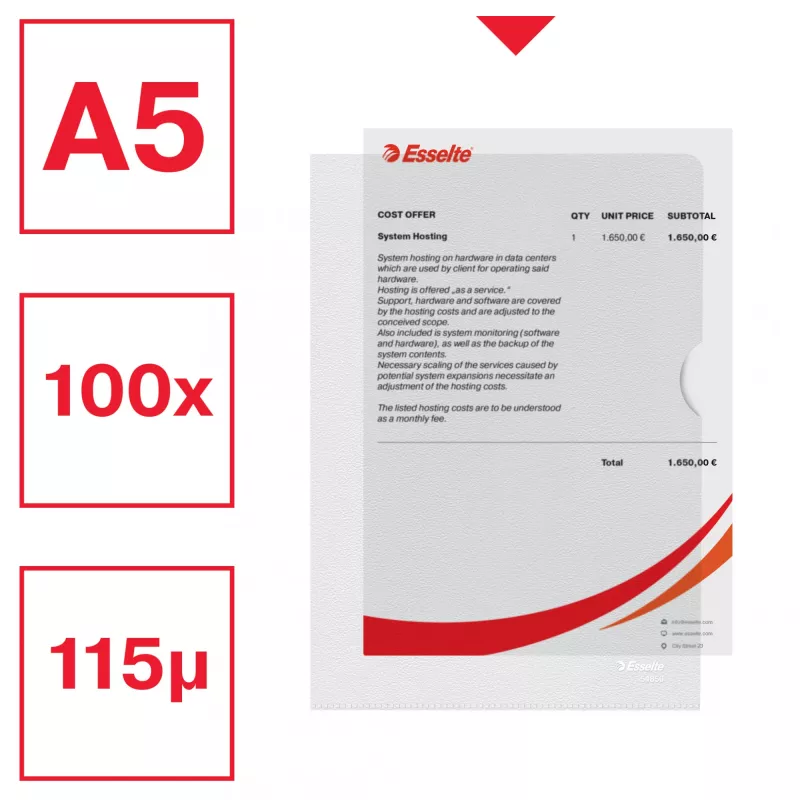 Esselte Premium A5 aplankas, Projektų aplankas, A5, Polipropilenas (PP), Skaidrus, Vertikalus, 40 lapų