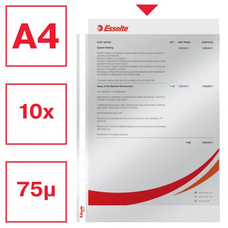 Esselte Pocket 75my A4, 210 x 297 mm (A4), Skaidrus, Polipropilenas (PP), Vertikalus, Viršus, 0,075 mm