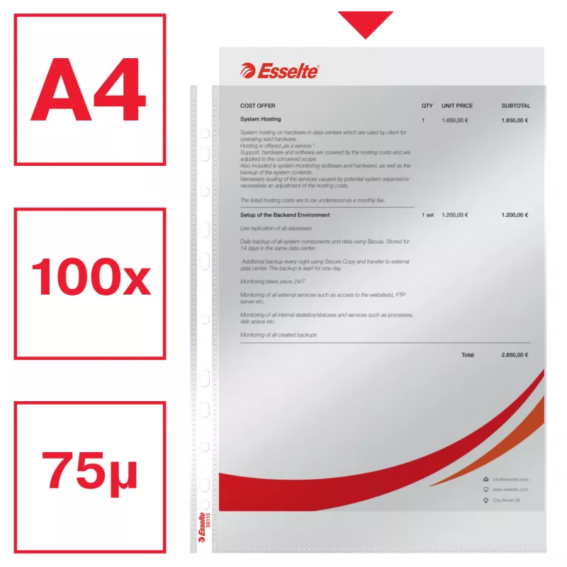 Esselte Pocket 75my A4, 210 x 297 mm (A4), permatoma, polipropilenas (PP), viršuje, 0.075 mm, 230 mm