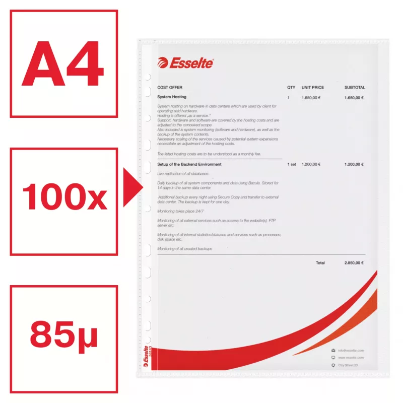 Esselte Quality Pocket A4, atidaromas kairėje, 30% perdirbto plastiko prieš vartojimą