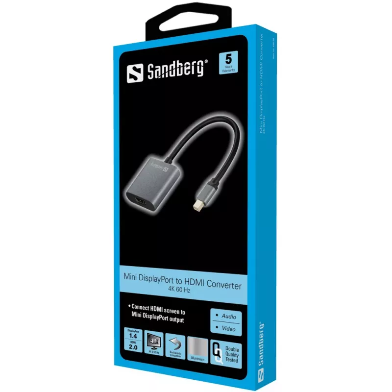 Sandberg Adapter MiniDP1.4>HDMI2.0 4K60, Mini DisplayPort, HDMI Type A (Standartinė), Kištukas, Lizdas, 3840 x 2160 pikselių, 6 Gbit/s