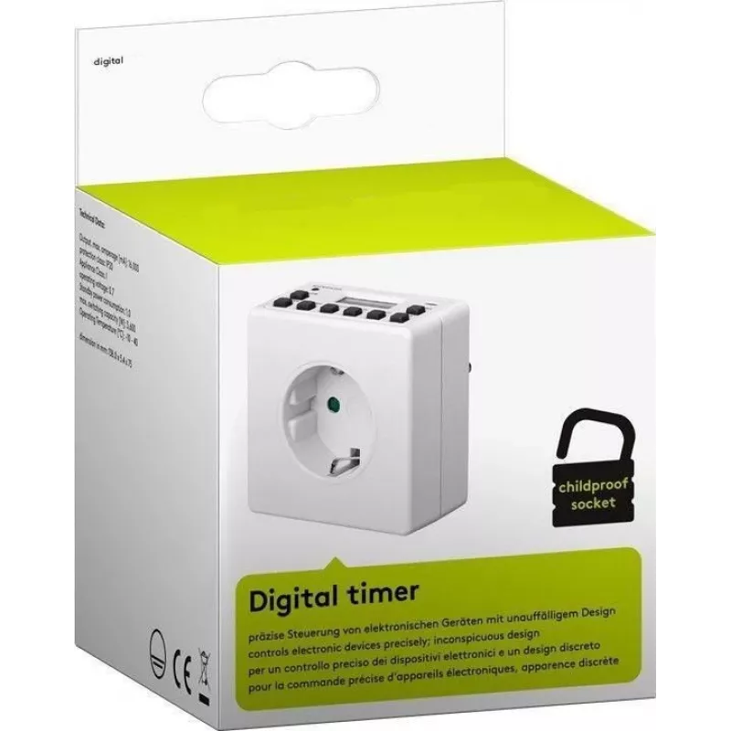 Išmanusis kištukas MicroConnect GRUTIMER3 — vidaus laikmatis su LCD, 110×81×78 mm, baltas