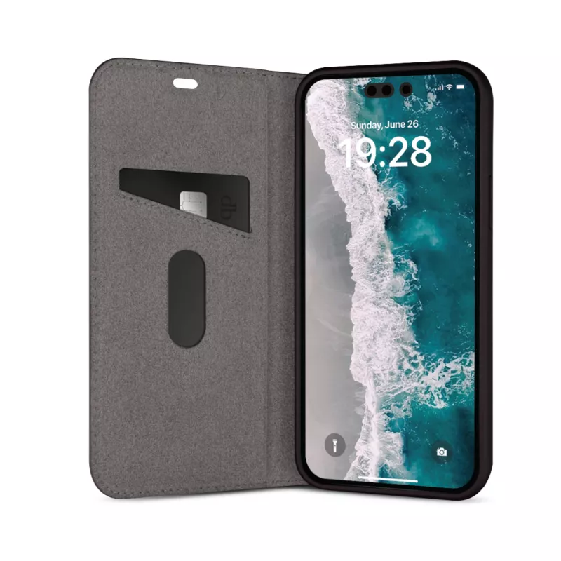 Dėklas-knygelė telefonui dbramante1928 Oslo, skirtas iPhone 14 Pro Max – Juodas, 3 kortelių kišenėlės, stalo stovas, tinka 6,7 colio