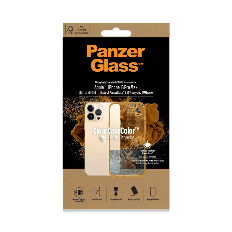 Apsauginis permatomas dėklas ClearCaseColor PanzerGlass, skirtas iPhone 13 Pro Max 6,7 colio – PET ir grūdintas stiklas, oranžinis
