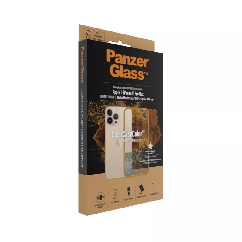 Apsauginis permatomas dėklas ClearCaseColor PanzerGlass, skirtas iPhone 13 Pro Max 6,7 colio – PET ir grūdintas stiklas, oranžinis