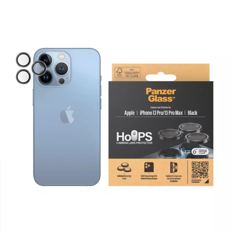PanzerGlass Hoops kameros objektyvo apsauga, skirta iPhone 13 Pro / 13 Pro Max, juoda, atspari įbrėžimams