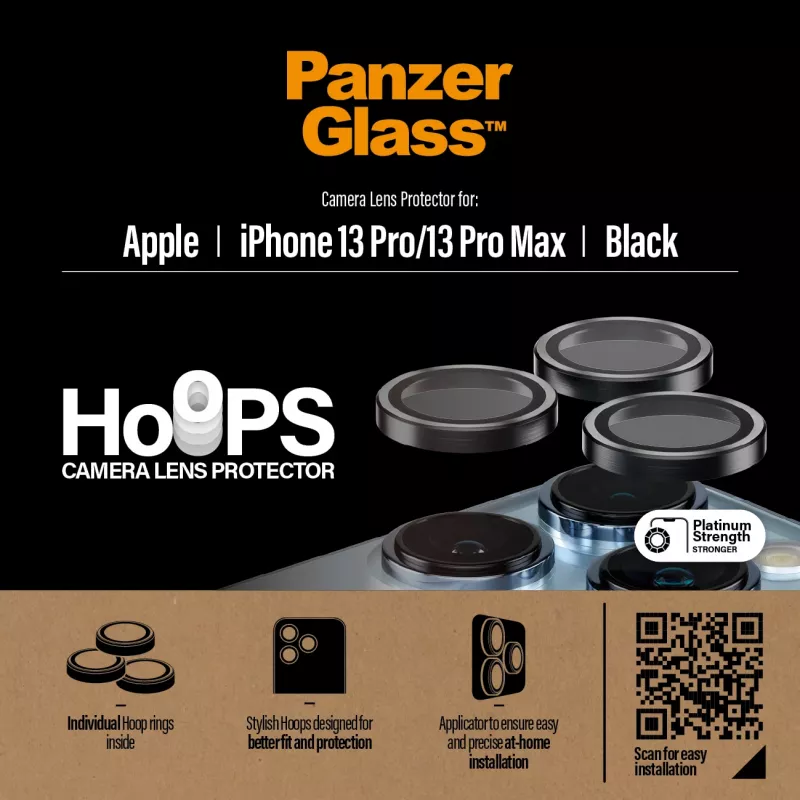 PanzerGlass Hoops kameros objektyvo apsauga, skirta iPhone 13 Pro / 13 Pro Max, juoda, atspari įbrėžimams