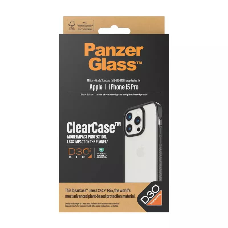 PanzerGlass ® ClearCase permatomas su juodu rėmeliu ir D3O® iPhone 15 Pro