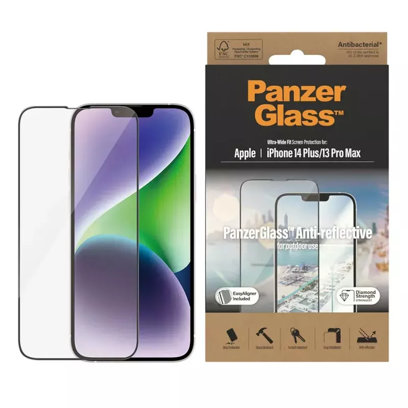 PanzerGlass ® Apsauginis ekrano stiklas su atspindžių mažinimu iPhone 14 Plus | 13 Pro Max | Itin platus pritaikymas su EasyAligner