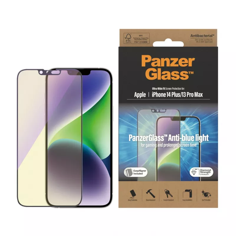 PanzerGlass ® Apsauginis ekrano stiklas nuo mėlynos šviesos iPhone 14 Plus | 13 Pro Max | Itin platus pritaikymas su EasyAligner